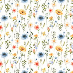 Fototapeta na wymiar Seamless pattern with colorful wild flowers. watercolor illustration 