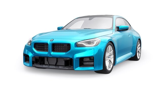 Berlin. Germany. November 16, 2022. BMW M2 Coupe G87 2023. Blue Lightweight Sports Coupe for City, Highway and Sports Track. 3d illustration.