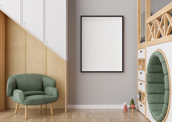 Empty vertical picture frame on gray wall in modern child room. Mock up interior in contemporary, scandinavian style. Empty, copy space for picture. Bed, toys. Cozy room for kids. 3D rendering.