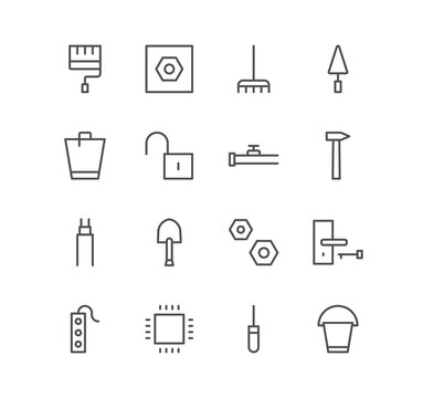 Set of construction and repair icons, clean, toilet bowl, roller, hammer, bucket and linear variety symbols.	
