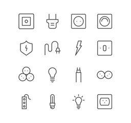 Set of electric and energy icons, cable, plug, switch, socket, bulb and linear variety symbols.	
