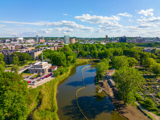 Fototapeta na wymiar Back Bay Fens aerial view in summer near Charles River in Back Bay, Boston, Massachusetts MA, USA. Back Bay Fens was designed by Frederick Law Olmsted in 1879. 