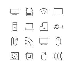 Set of computer and component icons, monitor, cable, adapter, mouse and linear variety symbols.	
