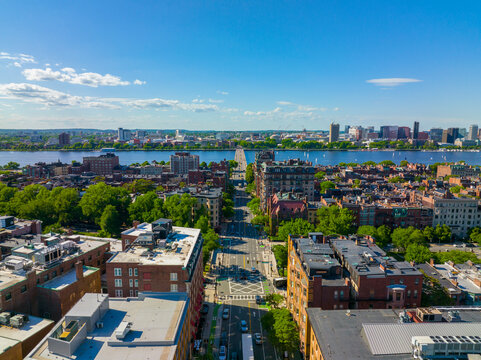 Massachusetts Avenue in Back Bay and Harvard Bridge across Charles River aerial view, with Cambridge at the background, Boston, Massachusetts MA, USA.