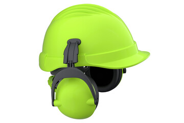Green safety helmet or hard cap and earphones muffs on wihte background
