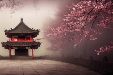 Chinese temple in a foggy landscape with sakura trees, abstract