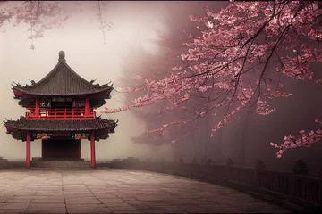 Vlies Fototapete Lachsfarbe Chinese temple in a foggy landscape with sakura trees, abstract