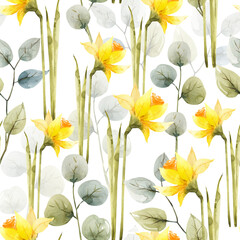 seamless pattern with yellow flowers daffodils and green plants, spring watercolor illustration.