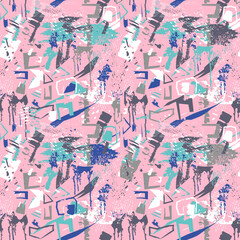 Geometric chaotic grunge colorful seamless pattern with rough brush strokes and grains