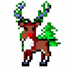 Fototapeta premium Christmas deer with red nose on white background, pixel art style illustration.