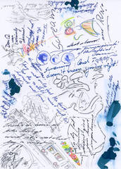 Doodle with English texts written with ink. Ink spots, vague drawings.