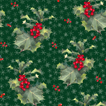 Watercolor Holly Berry Christmas Seamless Pattern. Traditional Red And Green Holiday Winter Background. Wrapping Paper, Cute Christmas Apparel. 