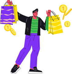Happy buyer makes bargain purchases, consumer with purchases. Buyer at a sale profitably purchases goods. Cashback and shop sale.
