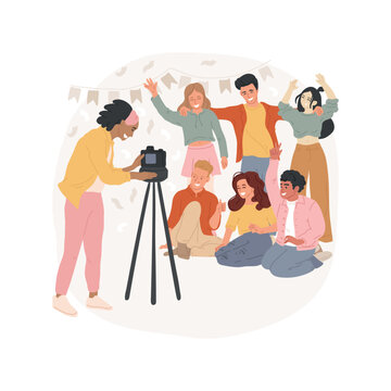 Class group photo isolated cartoon vector illustration. Photographer taking picture of a class, annual group photo, classmates smiling, children having fun, creative shot vector cartoon.