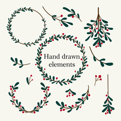 Vector hand drawn winter elements with leaf, pine branches, berry, wreath, garland. Christmas floral collection for invitations, greeting card, textile, fabric, posters.Botanical print