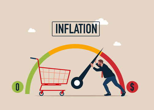Businessman is trying to keep meter from maximum values, regulates rising inflation. Indicator shows high inflation, economic crisis. Flat modern vector illustration