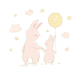 Dad bunny and baby bunny with balloon are walking together. Rear view of a cute family of beige rabbits. Happy mothers day. Stars and moon in the background