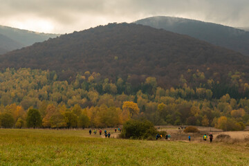 Fototapeta premium Tourist come down from above of Tarnica - the highest mountain in Bieszczady on the polish territory.