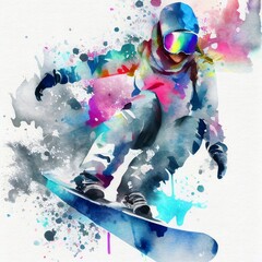Fototapeta na wymiar Jumping snowboarder. Watercolor illustration of a woman on a snowboard. Snowboarding