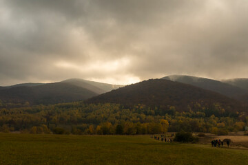 Tourist come down from above of Tarnica - the highest mountain in Bieszczady on the polish territory.