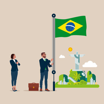 Businessman and woman in suit, male raising waving flags of Brazil. Vector illustration.