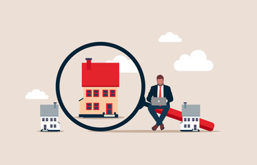 With a magnifying glass and houses. Real estate search concept. Flat vector illustration