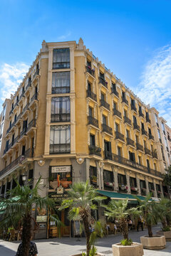 Madrid, Spain - July 11, 2022: The historical building with restaurant Mirador del Arco de Cuchilleros and Macarena Hostel