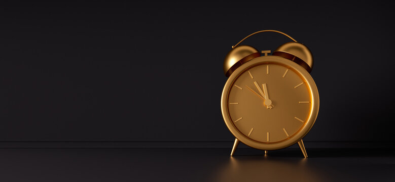 Golden vintage alarm clock on black background - modern design - 3D Illustration