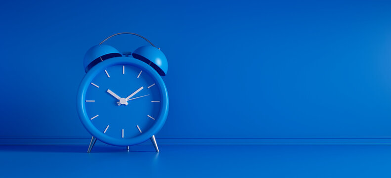 Blue vintage alarm clock on blue background - modern design - 3D Illustration