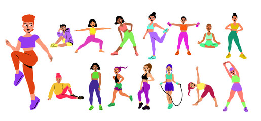 Fototapeta na wymiar Group of modern young women wearing trendy aesthetic sports clothes. Minimal hand drawn flat cartoon style colorful female characters. Women doing sports yoga pilates weightlifting running jogging 