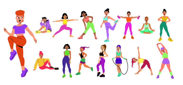 Group of modern young women wearing trendy aesthetic sports clothes. Minimal hand drawn flat cartoon style colorful female characters. Women doing sports yoga pilates weightlifting running jogging 