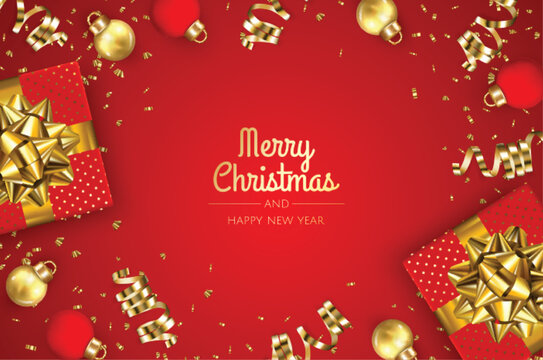Happy New Year and Merry Christmas. Christmas holiday background with realistic 3d object, christmas balls, gifts.