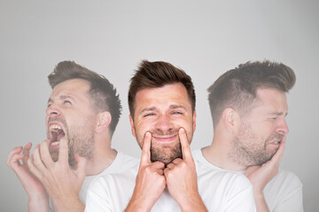 Multiple exposure portrait of young european caucasian man in depression