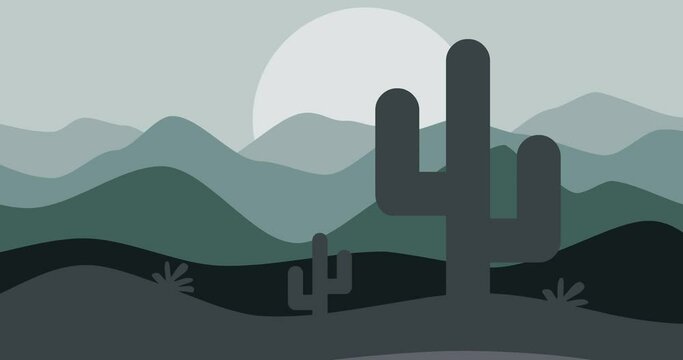 Green and purple gradient mountains and cactus background animation