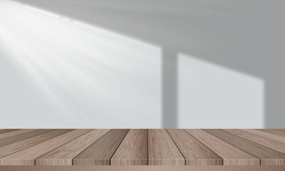 Blank wooden Table, with shadow overlay. mock up template for product display.