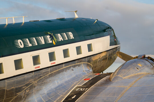 A historic Douglas DC-3 piston engine airplane of Olive Air / Morlock Aviation from Germany displayed on the Airpower airshow in Zeltweg, Austria