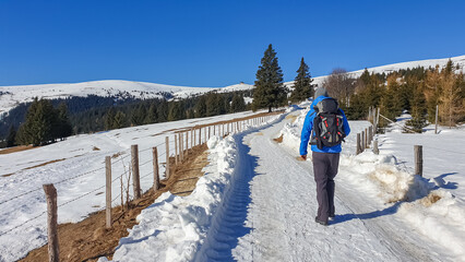 Rear view of man with hiking backpack walking along fence on snow covered path to Ladinger Spitz, Saualpe, Lavanttal Alps, border Styria Carinthia, Austria, Europe. Trekking on sunny early spring day