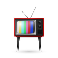 Vector 3d Realistic Red Retro Striped Screen TV Receiver Isolated on White Background. Home Interior Design Concept. Vintage TV Set, Television, Front View