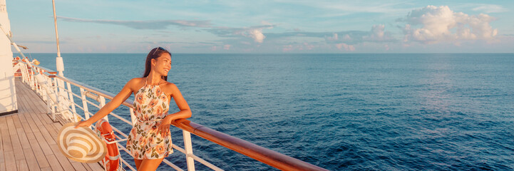 Cruise woman relaxing on deck watching sunset from ship on Caribbean luxury travel vacation. Panoramic banner of sea and boat. Multiracial model. - Powered by Adobe