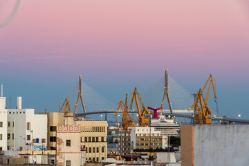 Colorful sunset over the historic center of the ancient city of Cádiz in Andalusia Spain