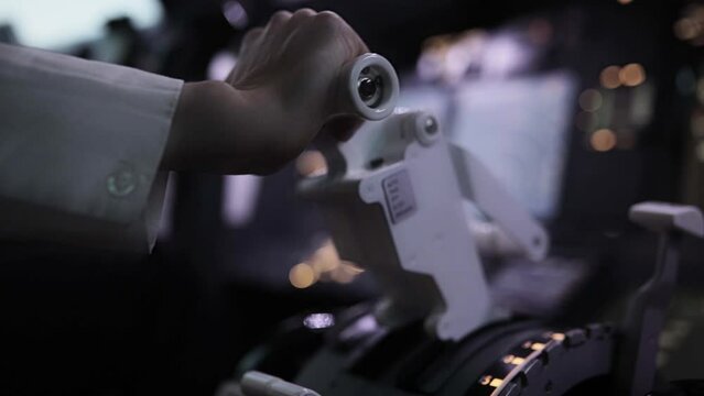 Pilot hand on thrust lever. Powerful start. Project Launch