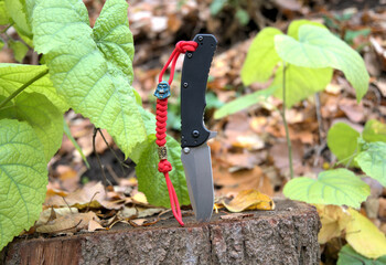 Folding knife cutting stainless steel blade black handle red lanyard blue bead green yellow leaves brown wood macro background