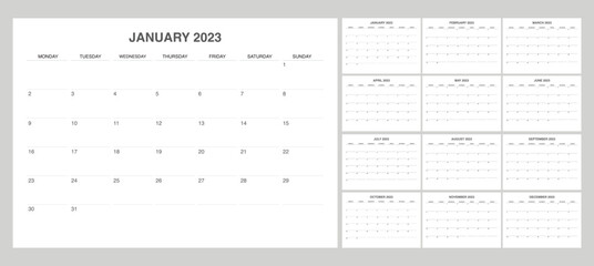 Monthly calendar 2023 start from monday - obrazy, fototapety, plakaty