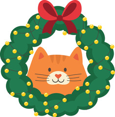 Funny cat flat icon Cute pet inside Christmas wreath