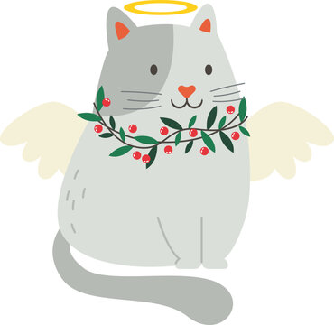 Cute cat with Christmas mistletoe flat icon Small angel