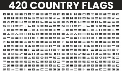 Collection of 240 vector icon flags. All country flags in black and white with transparent background.