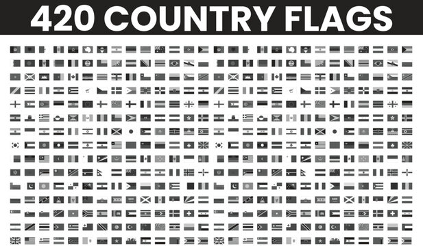 Collection of 240 vector icon flags. All country flags in black and white with transparent background.
