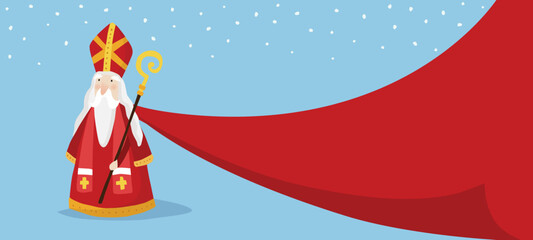 Saint Nicholas day greeting card, invitation. Winter web banner with Sinterklaas, man with beard, mitre and long red coat. Blue background with falling snow. Czech, Slovak and Dutch tradition.