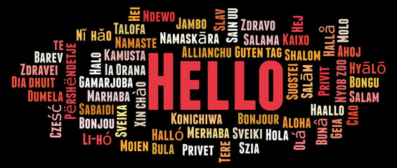 Hello in Different Languages word cloud concept on black