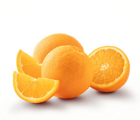 Oranges on a white background. Whole and sliced.